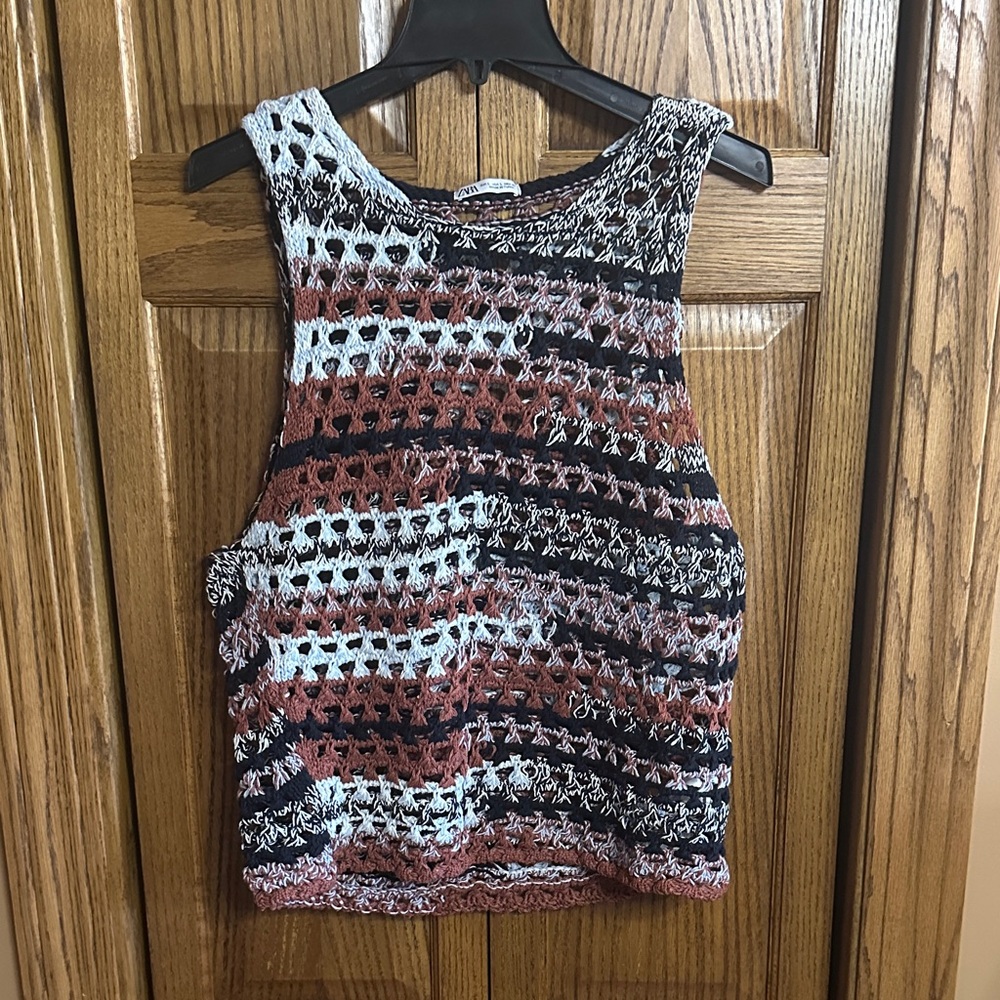 Zara Multi-Stripe Crochet Tank Top - Black, Rust & Cream